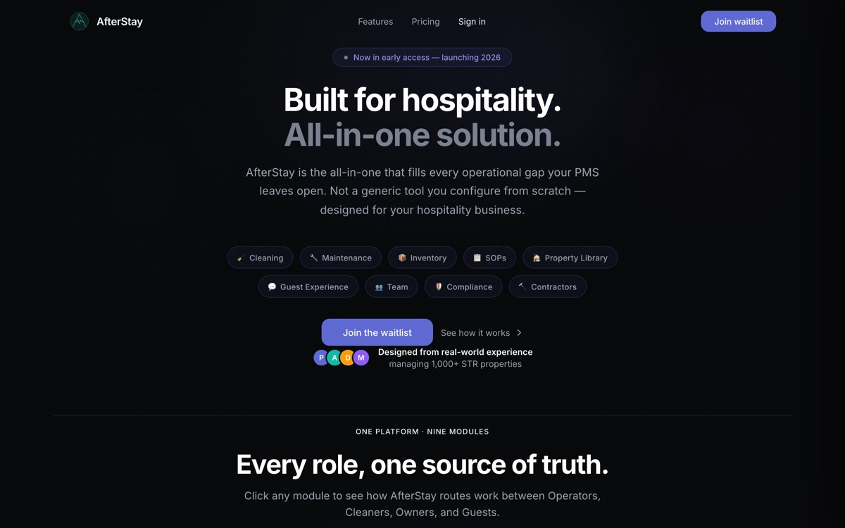 AfterStay hospitality operations platform landing page