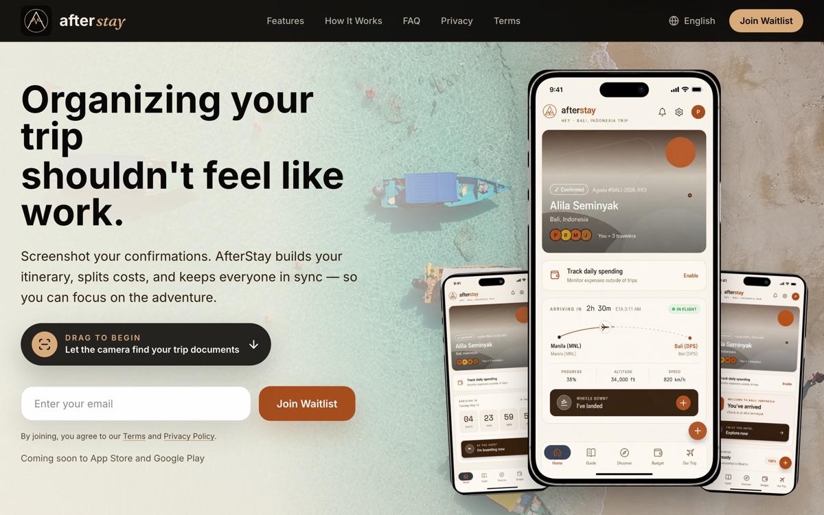 AfterStay travel app landing page with iPhone mockups