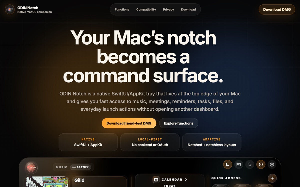 ODIN Notch site: your Mac notch becomes a command surface